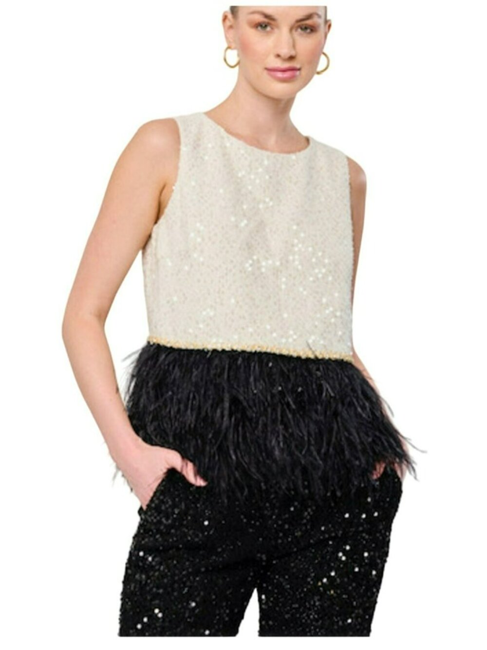 Flora Bea Cream Sequins Black Feather Boa Bella Tweed Top Size Small NWT - Picture 2 of 8